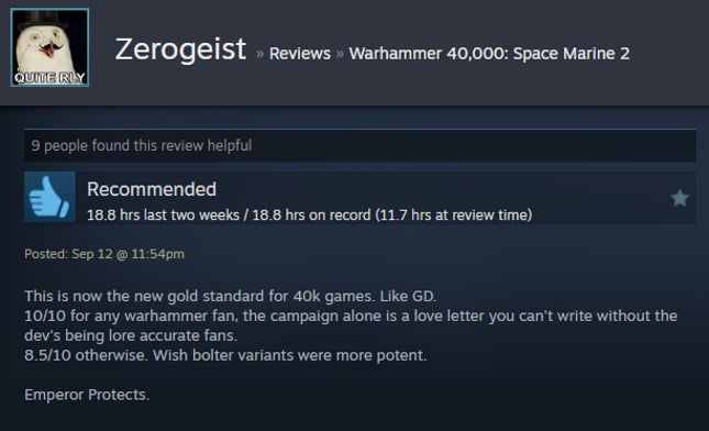 Screenshot of the article titled Warhammer 40,000: Space Marine 2, As Reported by Steam Reviews